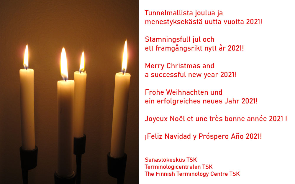 En stämningsfull jul och ett framgångsrikt nytt år 2021 önskar Terminologicentralen TSK